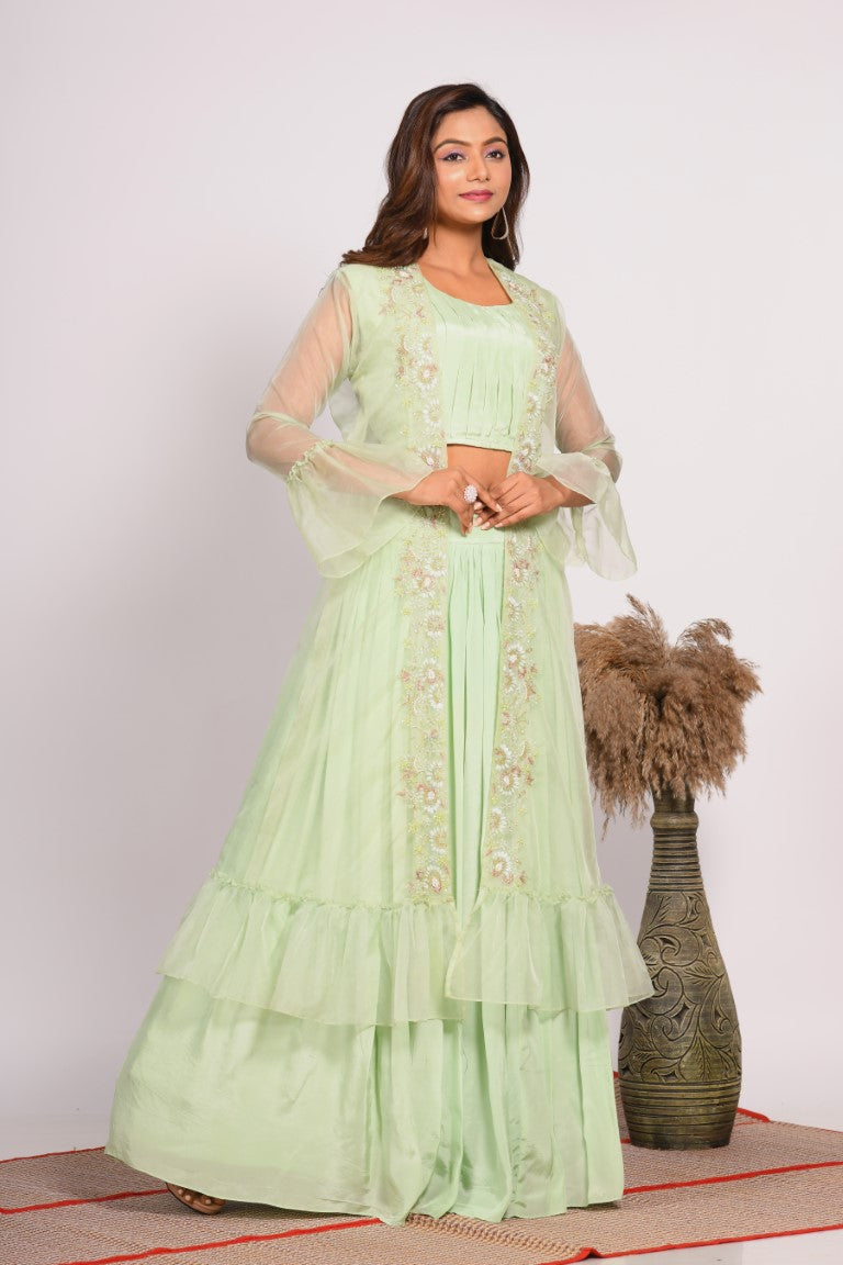 Morchari Crop Top With Jacket With Hand Embroidery - Green