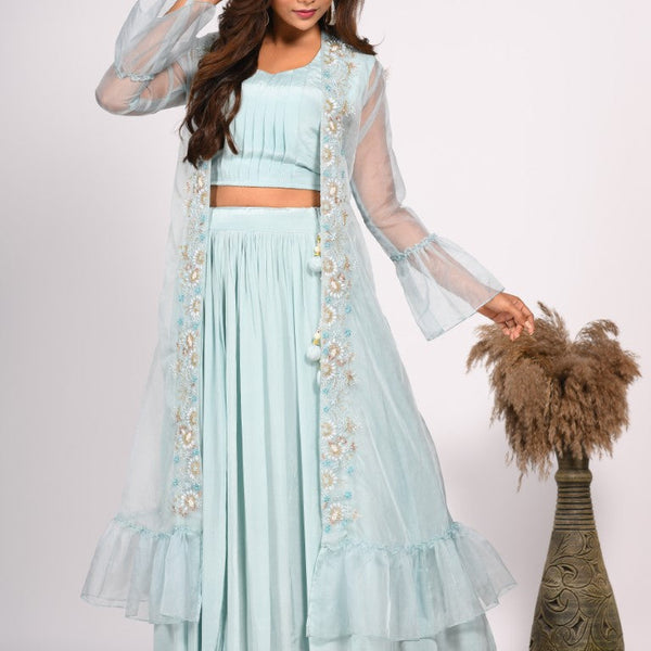 Morchari Crop Top With Jacket With Hand Embroidery - Blue - Distacart