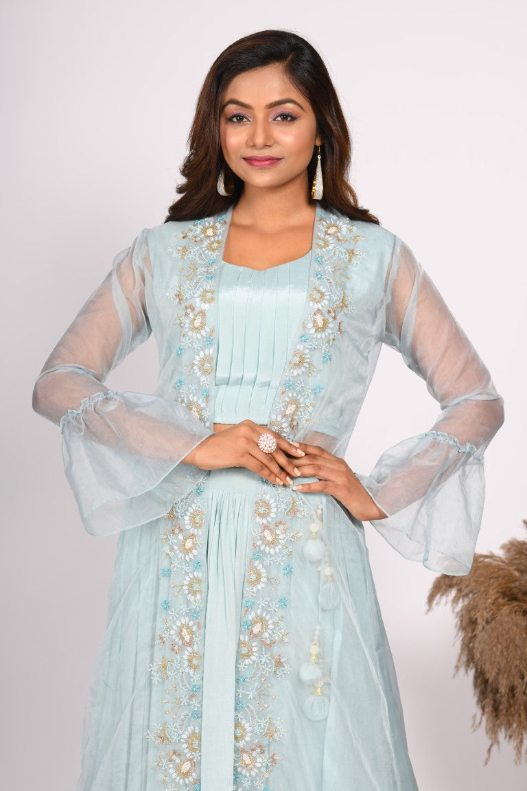 Morchari Crop Top With Jacket With Hand Embroidery - Blue - Distacart