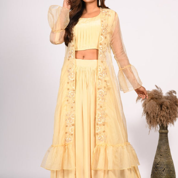 Morchari Crop Top With Jacket With Hand Embroidery - Yellow - Distacart