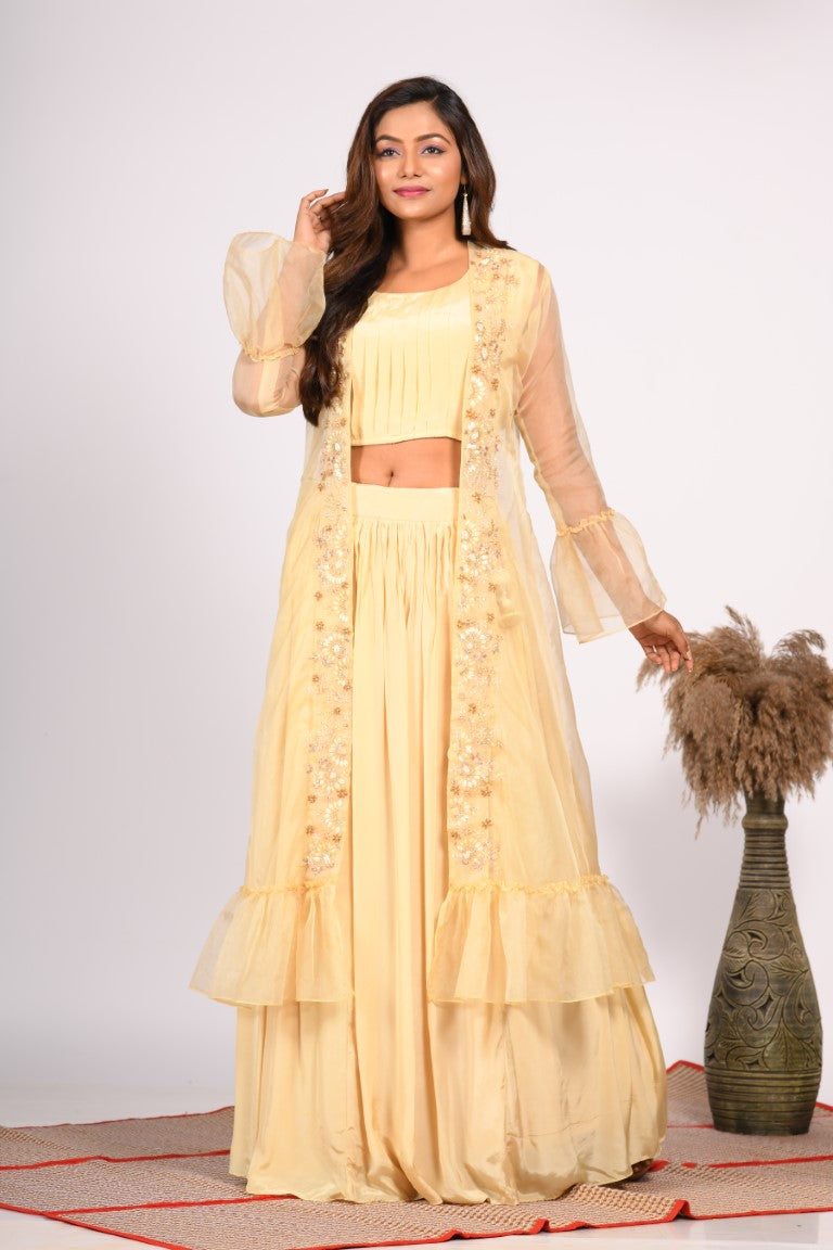 Morchari Crop Top With Jacket With Hand Embroidery - Yellow - Distacart