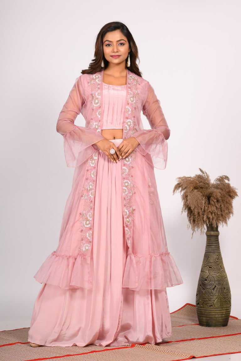 Morchari Crop Top With Jacket With Hand Embroidery - Pink - Distacart