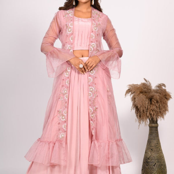 Morchari Crop Top With Jacket With Hand Embroidery - Pink - Distacart