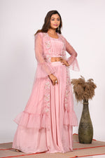 Thumbnail for Morchari Crop Top With Jacket With Hand Embroidery - Pink