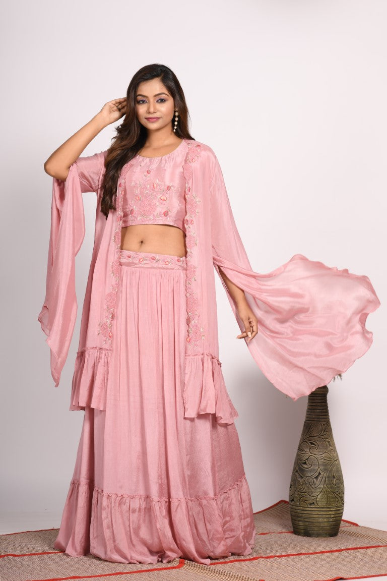 Morchari Crop Top With Long Jacket With Hand Embroidery - Rust - Distacart