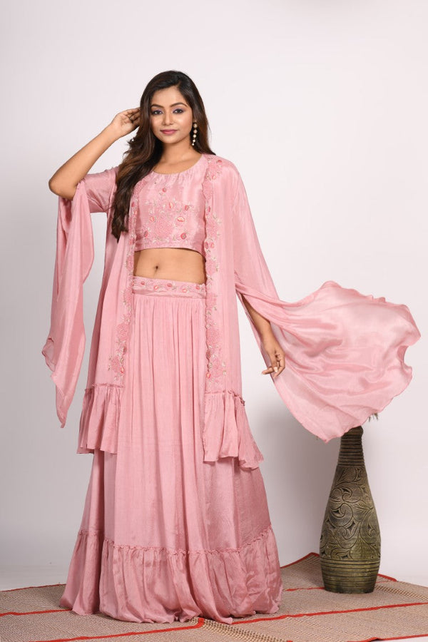 Morchari Crop Top With Long Jacket With Hand Embroidery - Rust