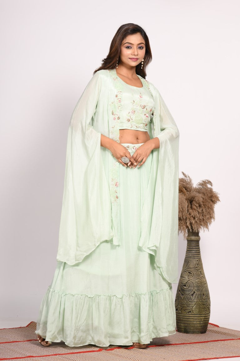 Morchari Crop Top With Long Jacket With Hand Embroidery - Green - Distacart