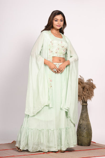 Morchari Crop Top With Long Jacket With Hand Embroidery - Green
