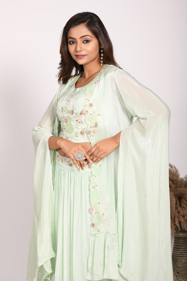 Morchari Crop Top With Long Jacket With Hand Embroidery - Green - Distacart
