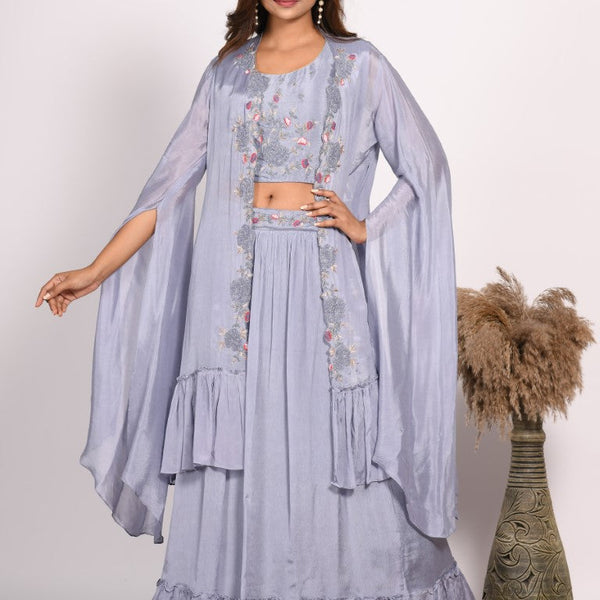 Morchari Crop Top With Long Jacket With Hand Embroidery - Grey - Distacart