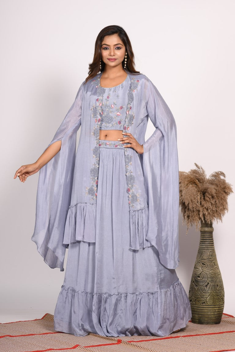 Morchari Crop Top With Long Jacket With Hand Embroidery - Grey - Distacart