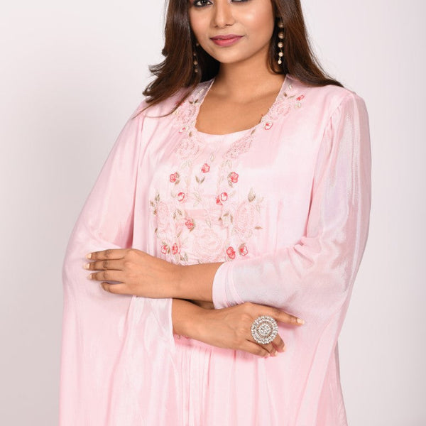 Morchari Crop Top With Long Jacket With Hand Embroidery - Pink - Distacart