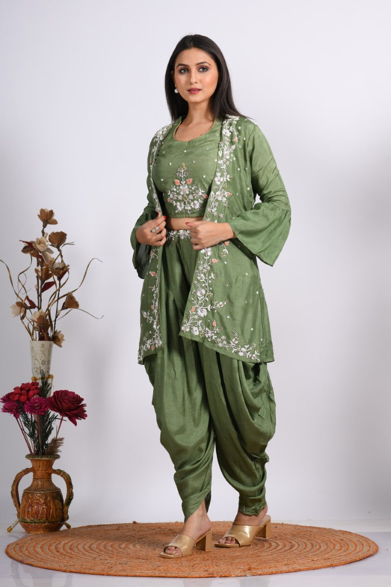 Morchari Crop Top With Jacket With Hand Embroidery - Green - Distacart