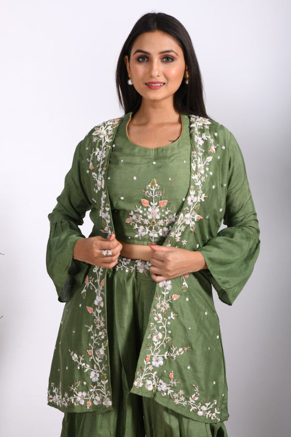 Morchari Crop Top With Jacket With Hand Embroidery - Green