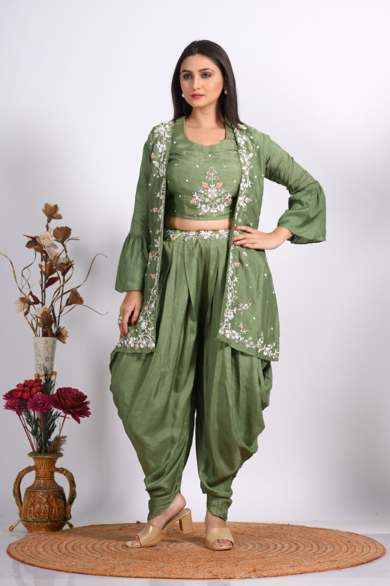 Morchari Crop Top With Jacket With Hand Embroidery - Green