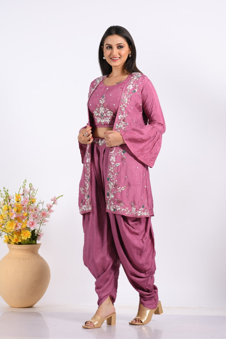 Morchari Crop Top With Jacket With Hand Embroidery - Purple - Distacart