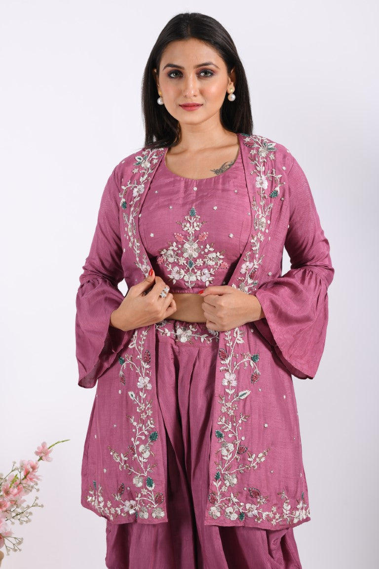 Morchari Crop Top With Jacket With Hand Embroidery - Purple - Distacart
