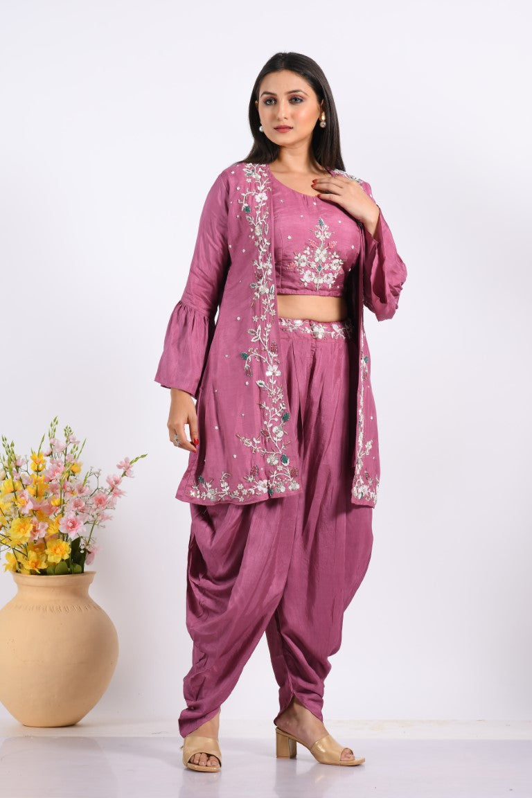 Morchari Crop Top With Jacket With Hand Embroidery - Purple