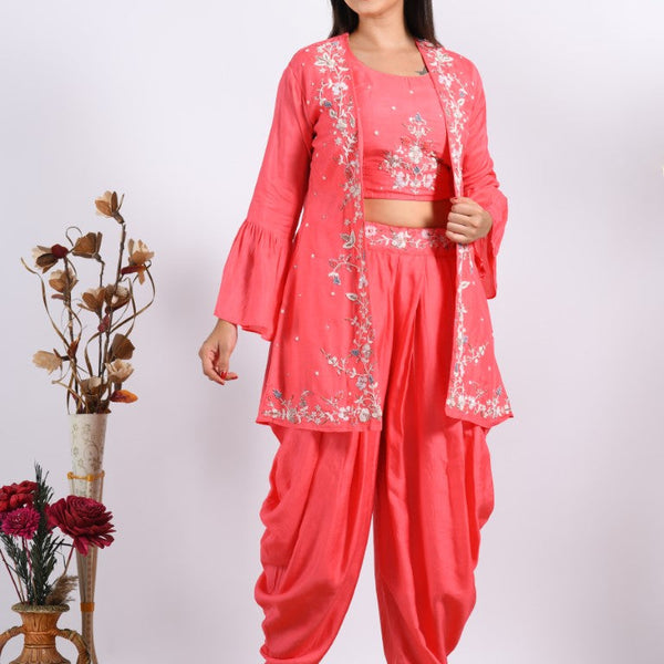Morchari Crop Top With Jacket With Hand Embroidery - Pink - Distacart