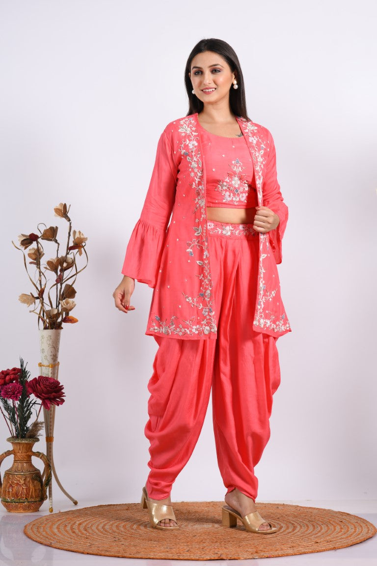 Morchari Crop Top With Jacket With Hand Embroidery - Pink - Distacart
