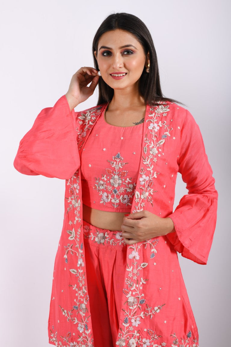 Morchari Crop Top With Jacket With Hand Embroidery - Pink - Distacart