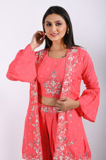 Thumbnail for Morchari Crop Top With Jacket With Hand Embroidery - Pink