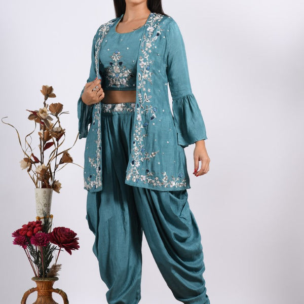 Morchari Crop Top With Jacket With Hand Embroidery - Blue - Distacart