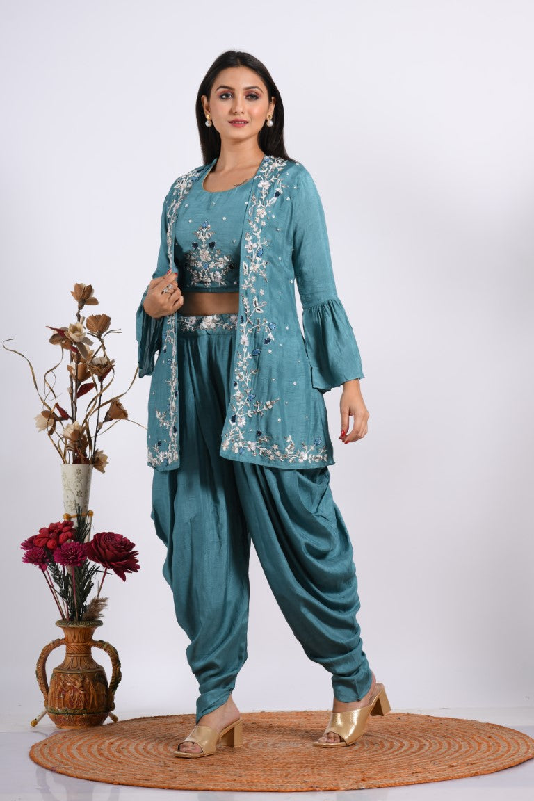 Morchari Crop Top With Jacket With Hand Embroidery - Blue - Distacart