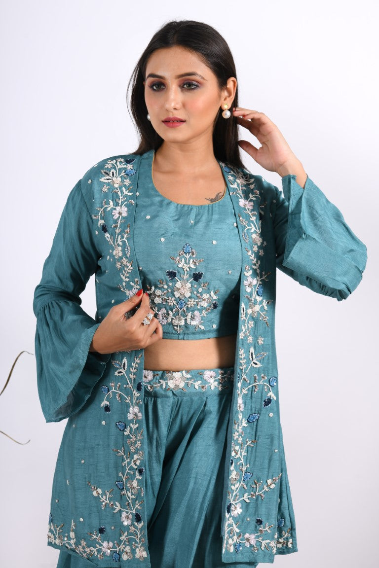 Morchari Crop Top With Jacket With Hand Embroidery - Blue - Distacart