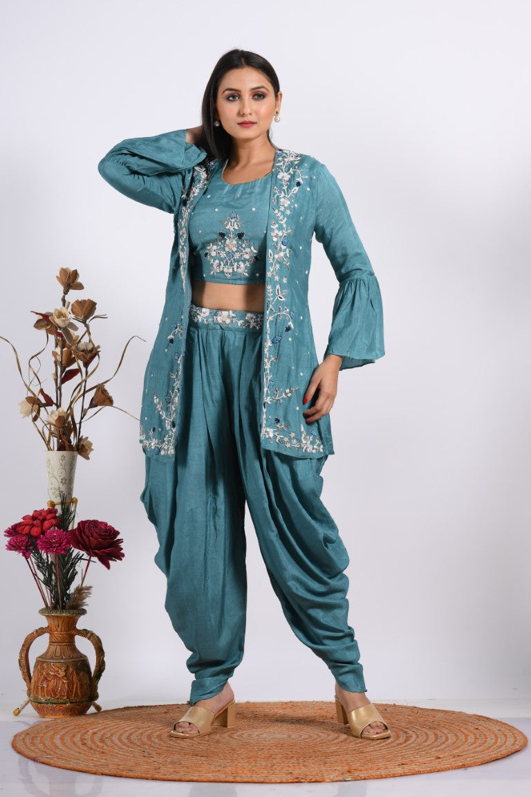 Morchari Crop Top With Jacket With Hand Embroidery - Blue