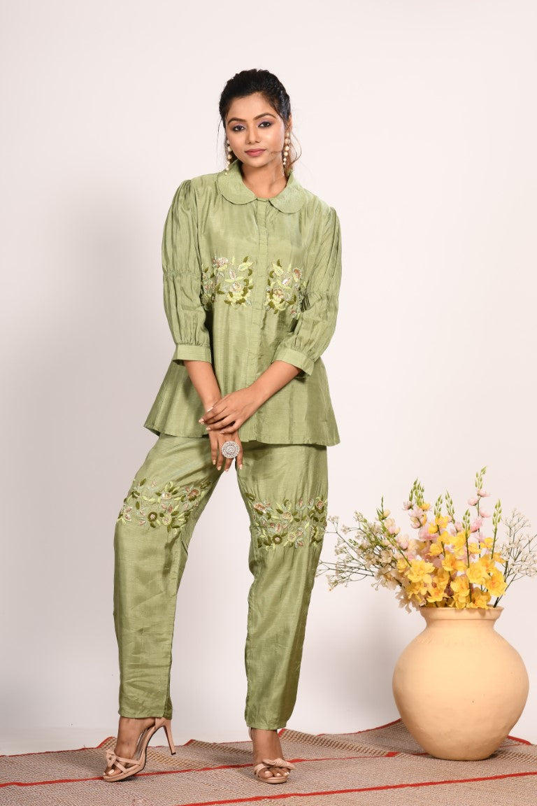 Morchari Co Ord Set With Hand Embroidery - Green - Distacart