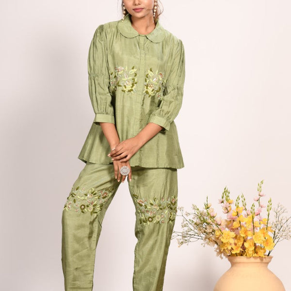 Morchari Co Ord Set With Hand Embroidery - Green - Distacart