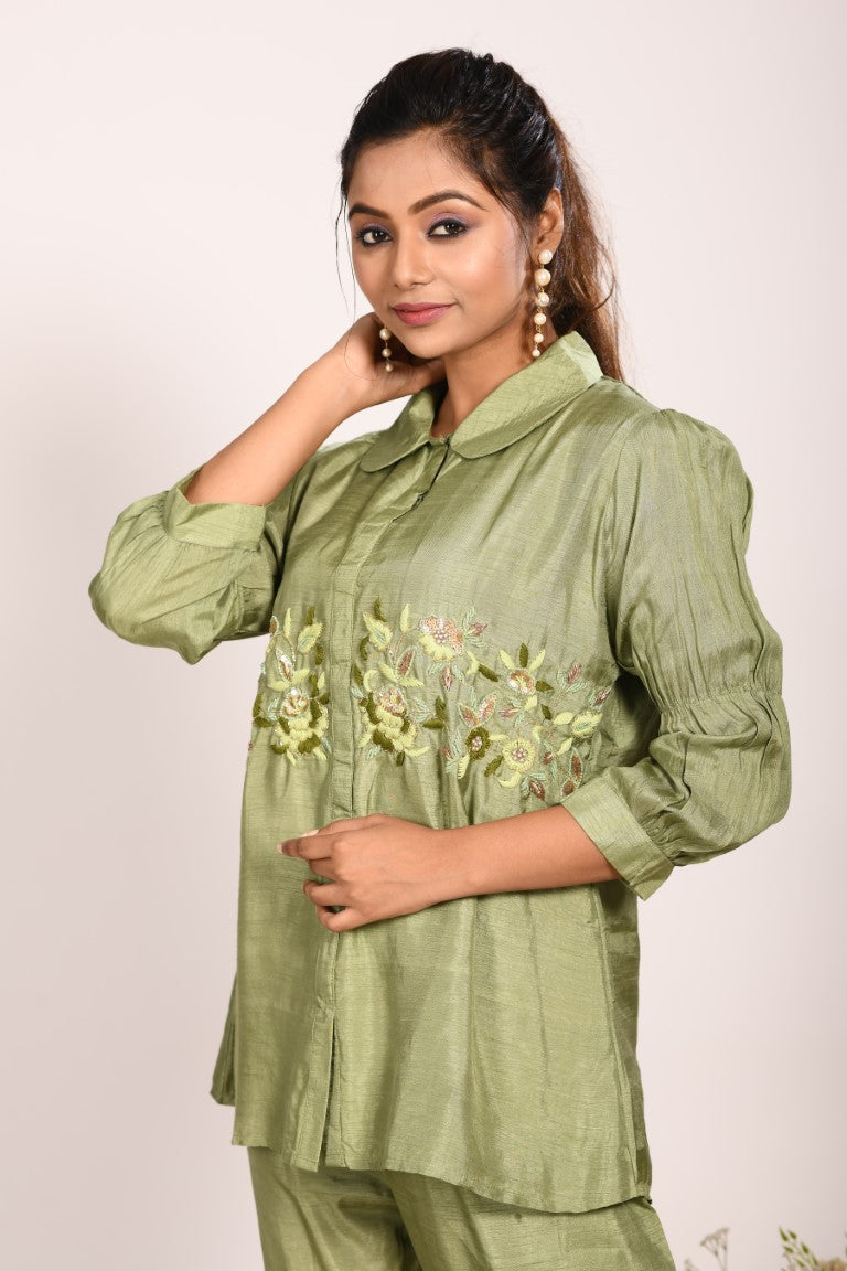 Morchari Co Ord Set With Hand Embroidery - Green - Distacart
