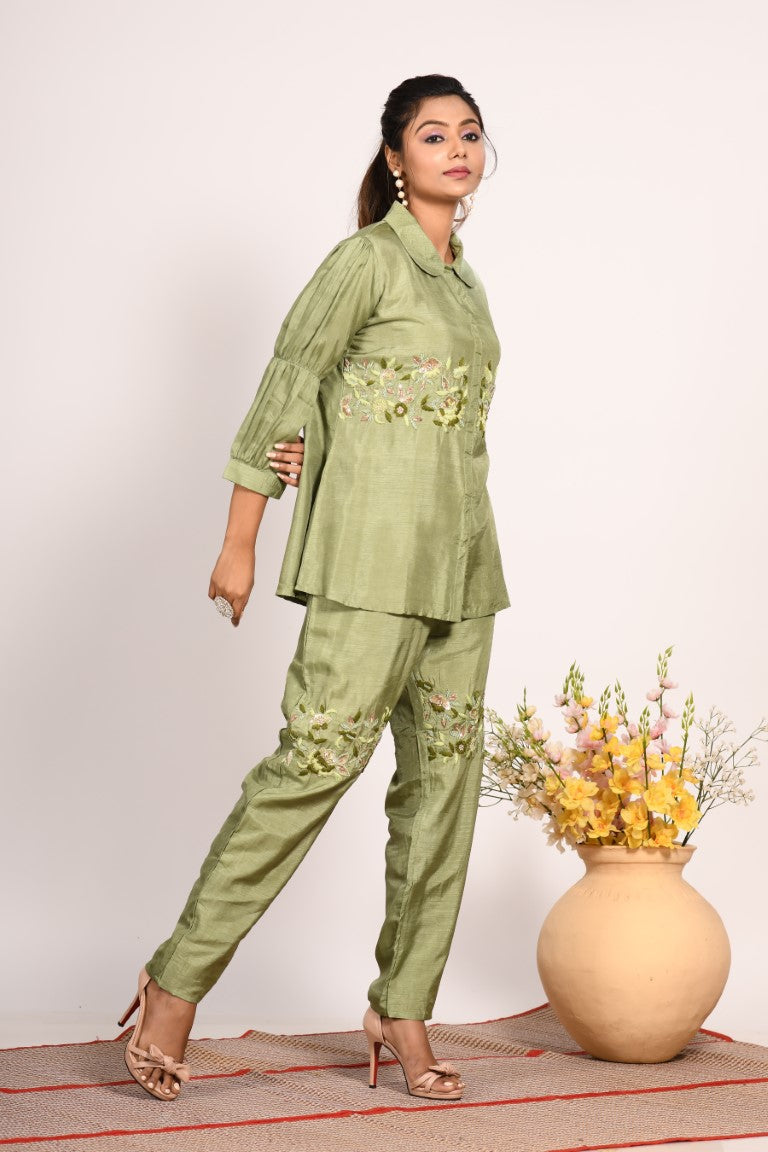 Morchari Co Ord Set With Hand Embroidery - Green - Distacart