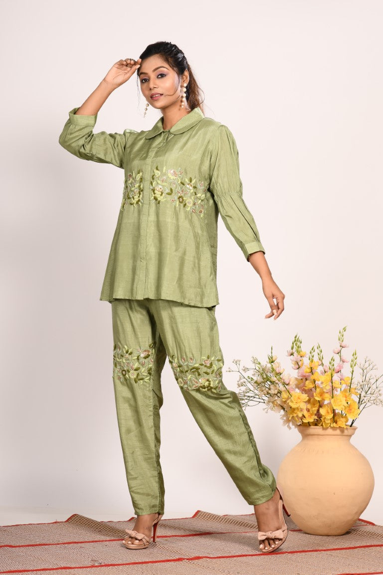 Morchari Co Ord Set With Hand Embroidery - Green - Distacart