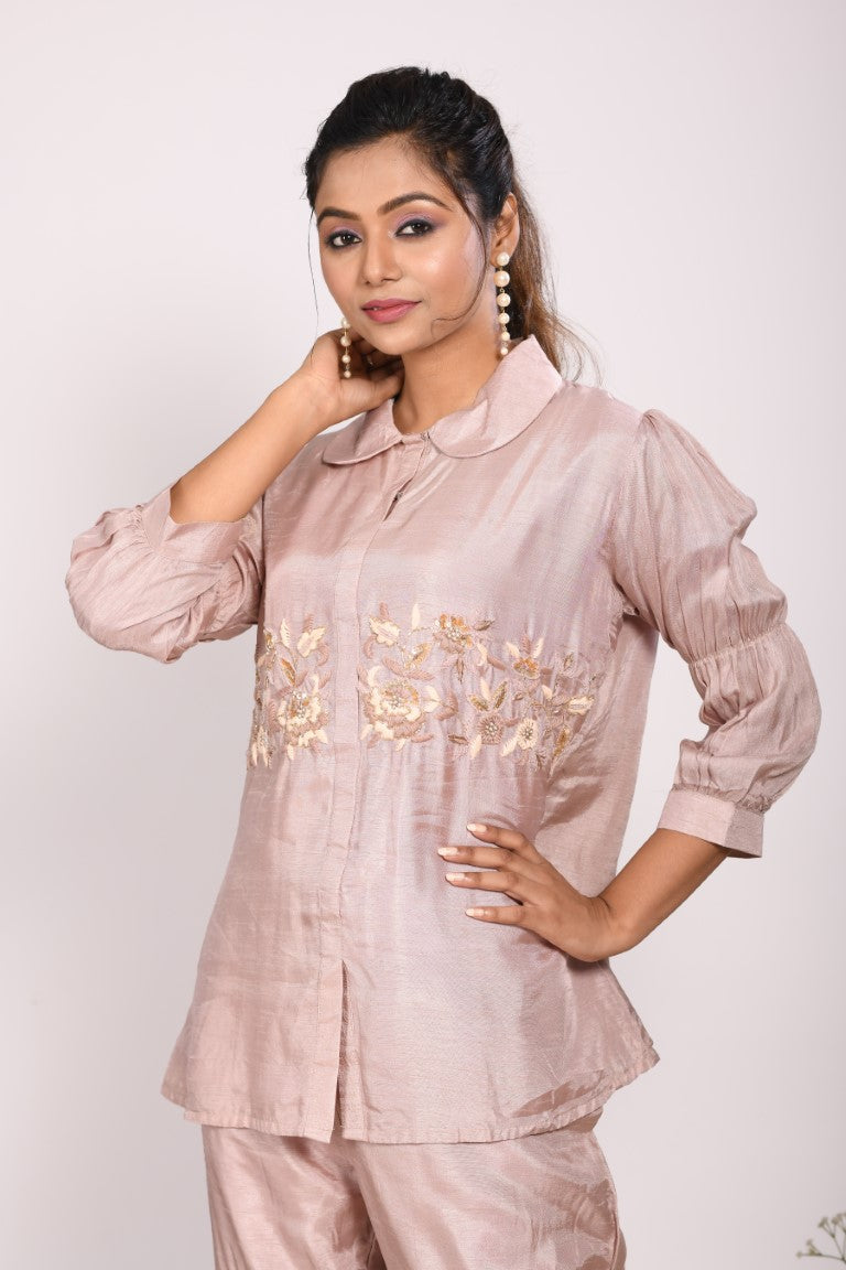 Morchari Co Ord Set With Hand Embroidery - Cream - Distacart