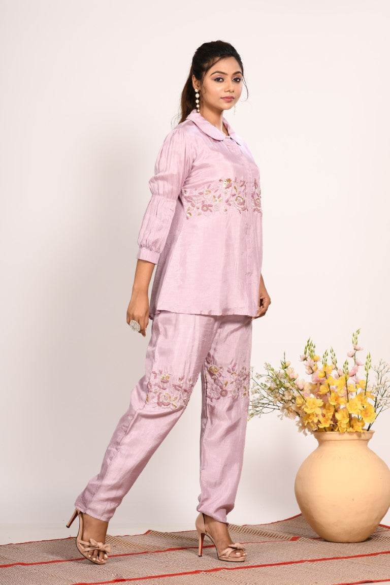 Morchari Co Ord Set With Hand Embroidery - Purple - Distacart