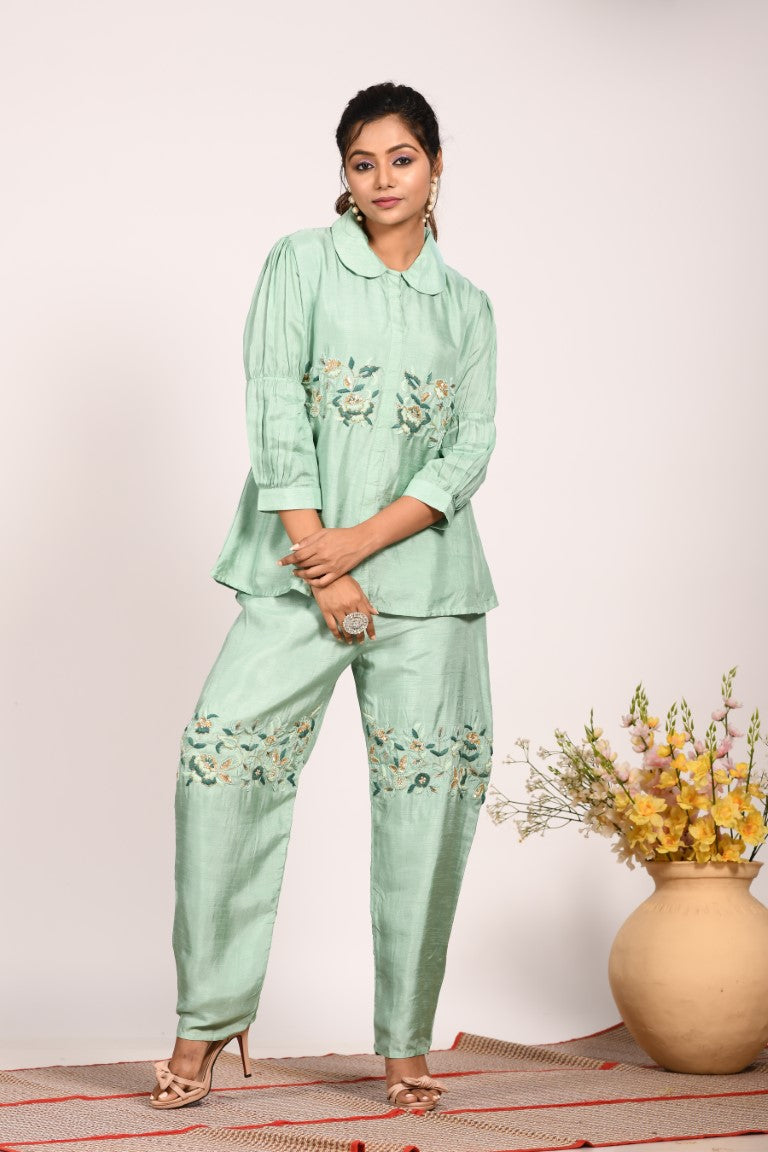 Morchari Co Ord Set With Hand Embroidery - Green - Distacart