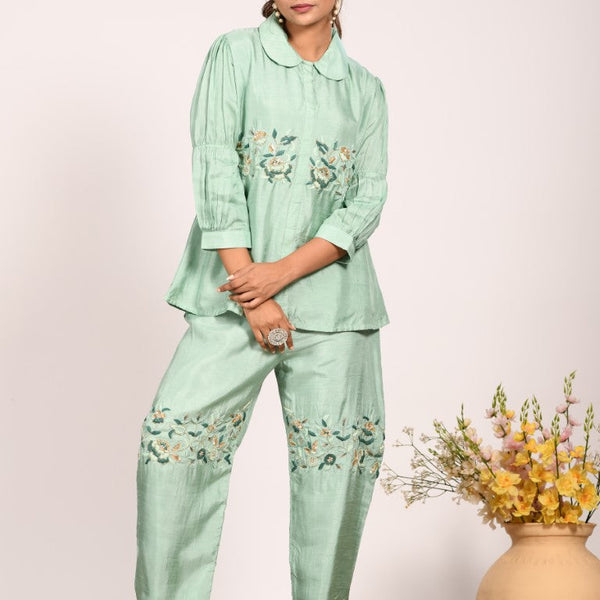 Morchari Co Ord Set With Hand Embroidery - Green - Distacart