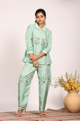Morchari Co Ord Set With Hand Embroidery - Green - Distacart