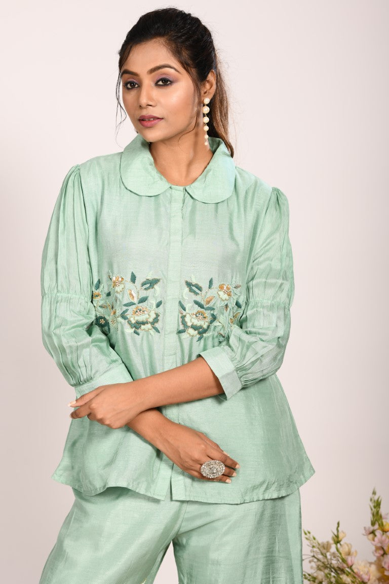 Morchari Co Ord Set With Hand Embroidery - Green - Distacart
