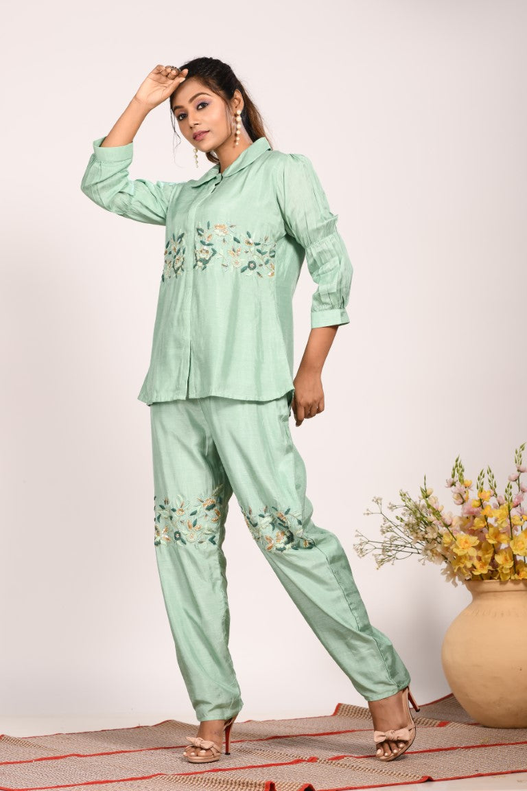 Morchari Co Ord Set With Hand Embroidery - Green - Distacart
