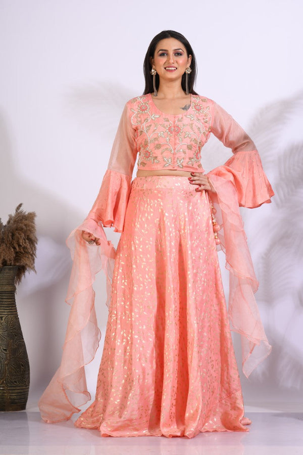 Morchari Crop Top With Hand Embroidery With Frill Dupatta - Peach