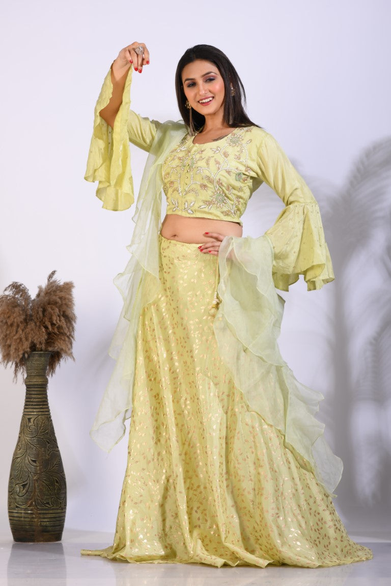 Morchari Crop Top With Hand Embroidery With Frill Dupatta - Fluorescent Green - Distacart
