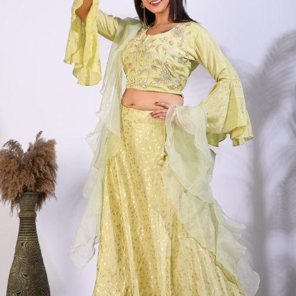 Morchari Crop Top With Hand Embroidery With Frill Dupatta - Fluorescent Green - Distacart