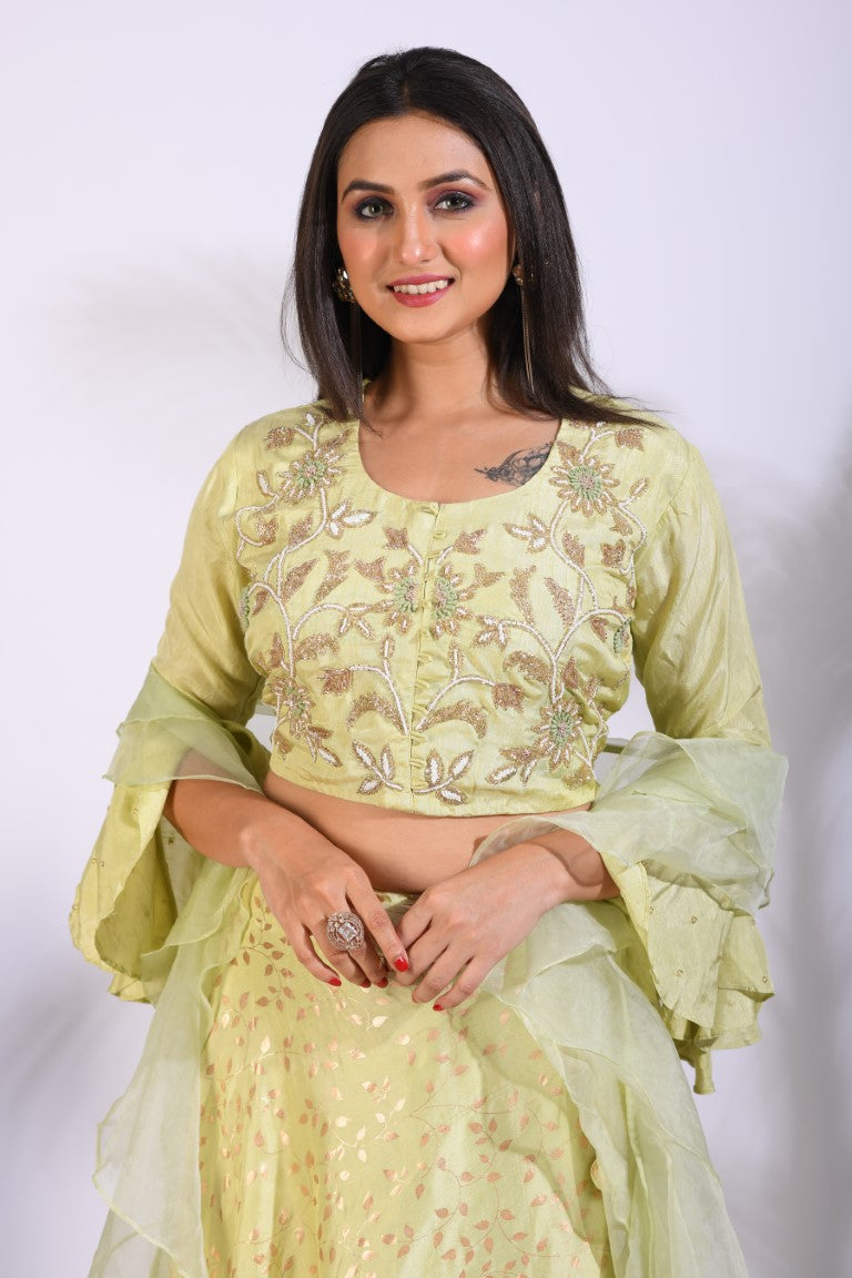 Morchari Crop Top With Hand Embroidery With Frill Dupatta - Fluorescent Green - Distacart