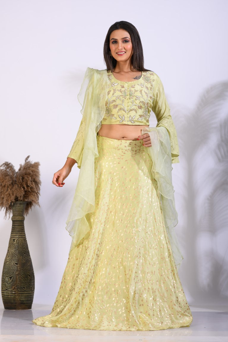 Morchari Crop Top With Hand Embroidery With Frill Dupatta - Fluorescent Green