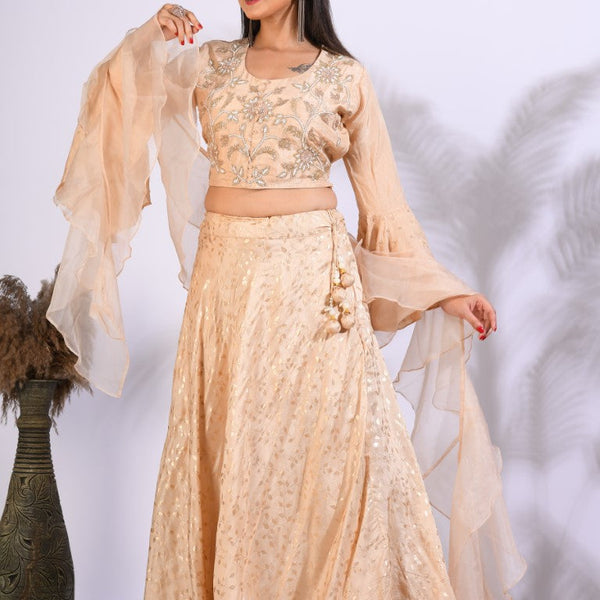 Morchari Crop Top With Hand Embroidery With Frill Dupatta - Yellow - Distacart