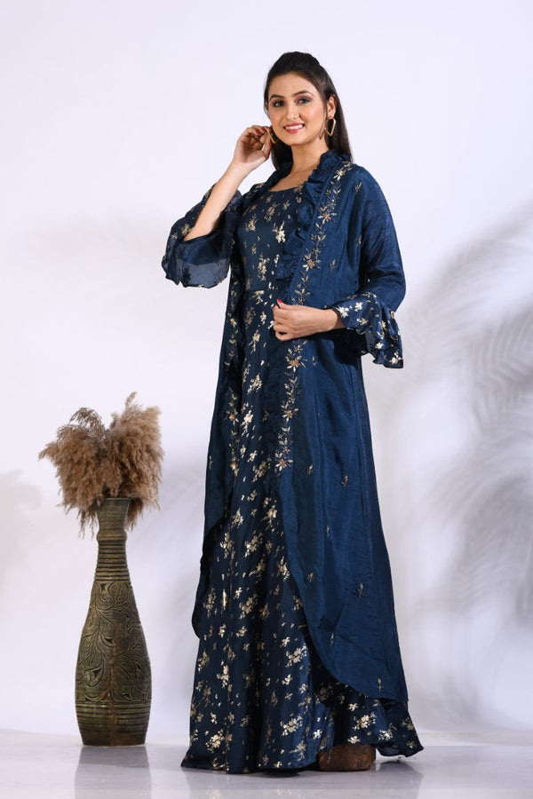 Morchari Long Gown With Jacket With Hand Embroidery - Blue