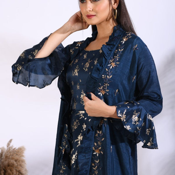 Morchari Long Gown With Jacket With Hand Embroidery - Blue - Distacart